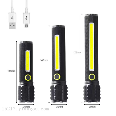 Led Small Flashlight with Sidelight Cob Strong Light Telescopic Zoom USB Charging Kit
