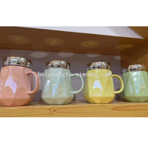 珠光陶瓷杯  电镀珠光带盖杯  新款珠光杯