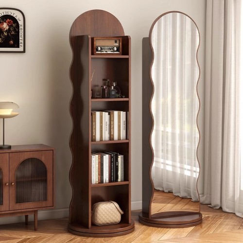 波浪旋转穿衣镜立式可移动全身落地镜家用杂志书架旋转储物试衣镜