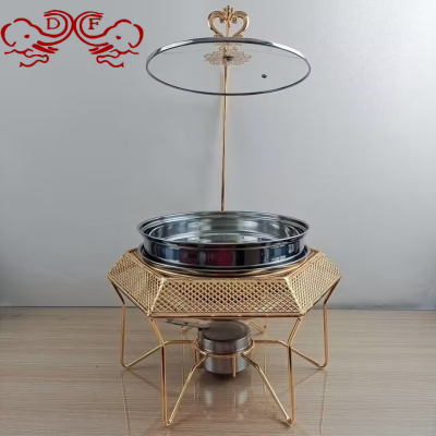 Df68093 Hotel Alcohol Stove Small Hot Pot Golden Hexagon Carved Dining Stove Stainless Steel Hook Buffet Stove