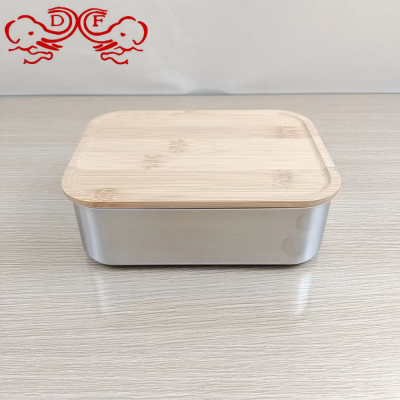 Df99033 Thickened Stainless Steel Bamboo Wood Cover Crisper Sealed Outdoor Bento Box Insulated Lunch Box Refrigerator Stored