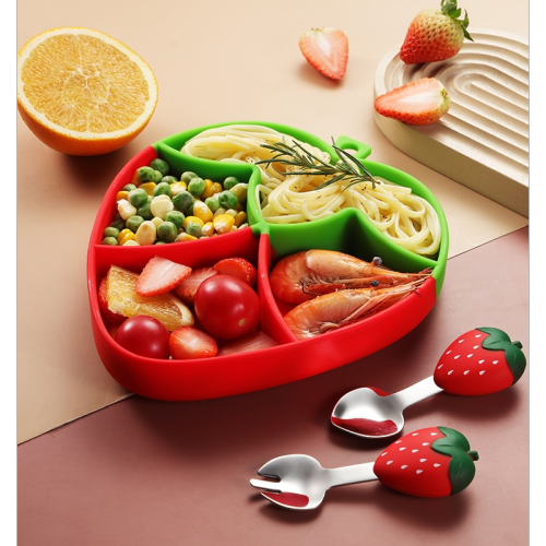 儿童餐具草莓硅胶分格餐盘套装防摔幼儿园宝宝可爱卡通辅食碗勺子