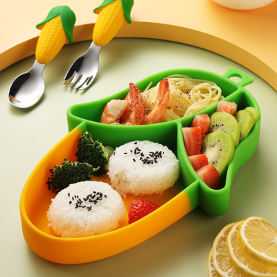 Children's Tableware Corn Silicone Compartment Disk Set Drop-Resistant Kindergarten Baby Cute Cartoon Solid Food Bowl