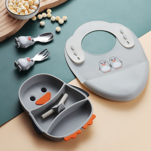 儿童卡通硅胶企鹅款餐盘防摔宝宝吸盘式分格辅食叉勺餐具五件套装