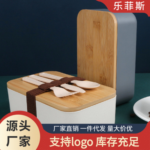 小麦秸秆木盖饭盒学生午餐盒 木质寿司盒 便携带叉勺筷套装批发