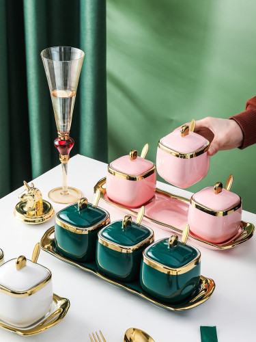 北欧简约轻奢陶瓷调料罐三件套盒调味瓶盐味精罐厨房家用调料套装