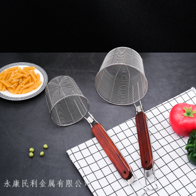 Factory Direct Sales Stainless Steel Spicy Hot Pot Rice Noodle Skimmer Wooden Handle Rice Thread Pasta Spoon Filter Screen Rice Noodle Skimmer Wholesale