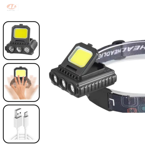 跨境新款挥手感应头灯USB充电远射头戴灯COB户外照明工作灯骑行灯