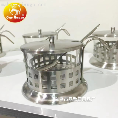 Jingzhi Stainless Steel Spice Jar Glass Condiment Bottle Kitchen Seasoning Jar with Handle Salt Jar Sucrier