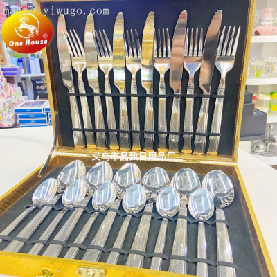 A Tableware Hot Selling Stainless Steel Diagonal Pattern Square Handle Knife, Fork and Spoon Small Spoon Tableware 24-Piece Portable Wooden Box Set