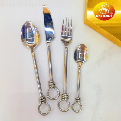 430 Stainless Steel Forged Knife, Fork and Spoon Small Spoon Tableware Ring Handle 4-Piece Set
