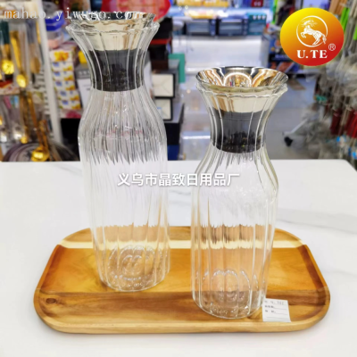 U. Te Filter Stainless Steel Cover Borosilicate Glass Water Pitcher High Temperature Resistant Striped Cold Water Bottle