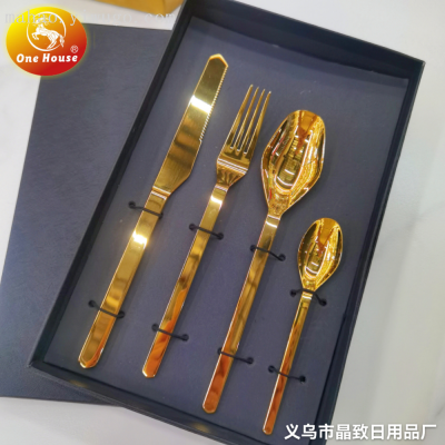 304 Stainless Steel Knife, Fork and Spoon Small Spoon Tableware Plated Color Small Square Handle 4Pcs Black Box Set