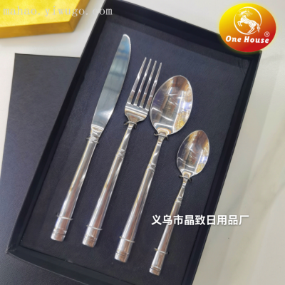 430 Stainless Steel High-Grade Forged round Handle W1275 Knife, Fork and Spoon 4Pcs Black Box Tableware Set