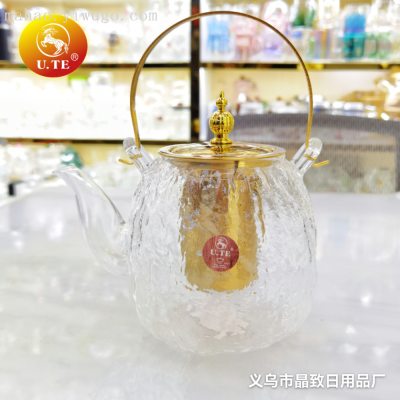 Crystal Borosilicate Glass Teapot Oval Hammered Glass Pot Stainless Steel Gold Mesh Gold Handle Loop-Handled Teapot