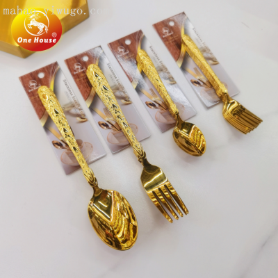 201 Stainless Steel Wheat Small round Head Handle Gold Plated Steak Knife and Fork Salad Spoon Tea Spoon Fork Tableware