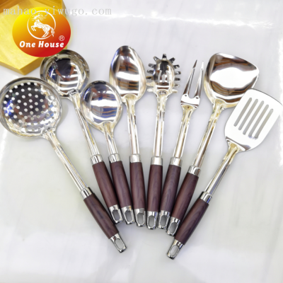 Kw471 Stainless Steel Bulk Kitchenware Imitation Wood Plastic Handle Spatula Porridge Spoon Slotted Spoon Cooking Tools