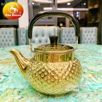 Jingzhi Stainless Steel Teapot Loop-Handled Teapot Hammered Straight Fire Pot Teapot Gold Polka Dot Pot
