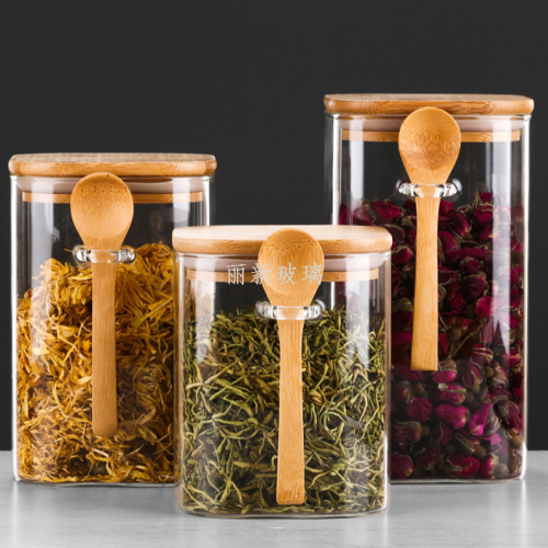 高硼硅耐高温密封方形带木勺盖玻璃密封罐