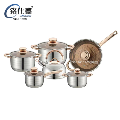 12 pieces pot set stainless steel cookware set with kettle rose gold handle non-stick frying pan kitchenware 139