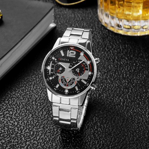 Cross-Border Men‘s Fashion Stainless Steel Band Business Quartz Wrist Watch Luminous Pointer Calendar Men‘s Watch Factory in Stock Wholesale