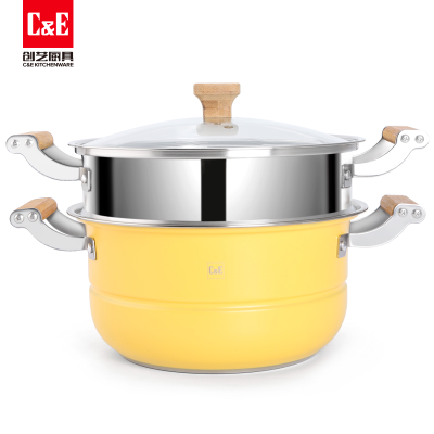 C & E Creative Japanese Style Double Layer Soup Steam Pot with Tempered Glass Cover Stainless Steel Multi-Function Pot