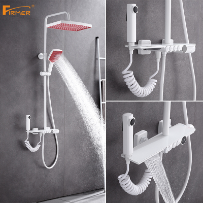Firmer Copper Bathroom Constant Temperature Smart Knife Body Digital Display Four-Block Elegant White Shower Set Multifunctional Shower