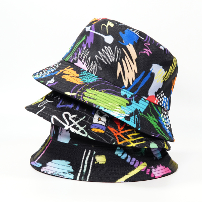 Double-Sided Graffiti Flat Bucket Hat Make Your Face Look Smaller Casual All-Matching Sun Hat Personalized Graffiti Breathable out Bucket Hat