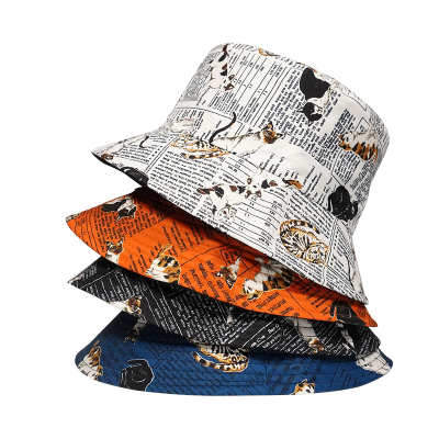 Japanese Harajuku Cat Double-Sided Wear Four Seasons Bucket Hat Street Fashion Sun Hat Letters Cat Printing Outdoor Hat