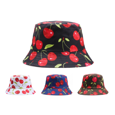 Summer Women's Sun-Proof Bucket Hat Travel Cover Face Bucket Hat Casual Versatile Artistic Cherry Printed Bucket Hat