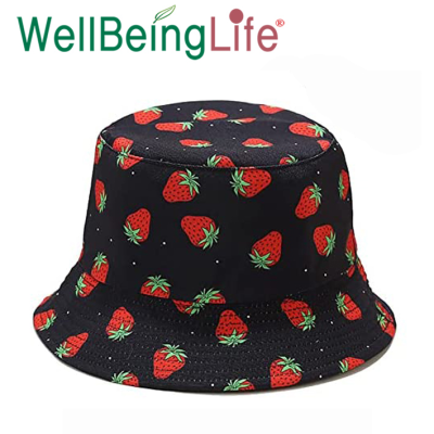 Design Cute Strawberry Japanese Fruit Double Outdoor Foldable Fisherman Reversible Adult Bucket Hat