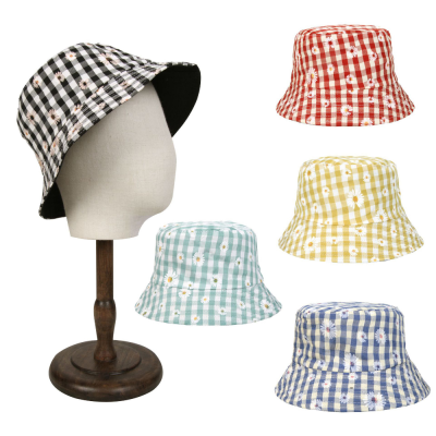 Hot Fashion Pastoral Sun Hat Daisy Printed Checks Wide Brim Bucket Hat Bob Hat