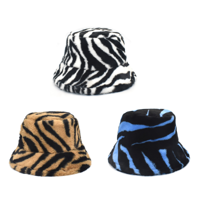 Zebra Pattern Plush Fisherman Hat Women's Autumn and Winter All-Matching Warm Stripes European and American Style Fashion Bucket Hat Tide