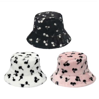 Cherry Print Plush Fisherman Hat Men's and Women's Autumn and Winter New Bucket Hat Versatile Imitation Rabbit Fur Warm Hat