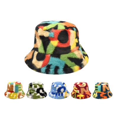 Autumn and Winter Fisherman Hat Plush Colorful Bucket Hat Letter Camouflage Striped Women's Hat Thickened