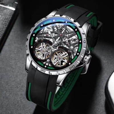 Watch Transparent Double Flying Wheel Mechanical Watch Men and Women with Tape Leather Belt
