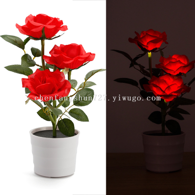 New 3led Rose Pot Lamp Solar Simulation Led Garden Lamp Solar Rose Decorative Table Lamp
