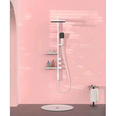 Matte White Copper Shower Head Set with Shelf 3-Function Handwheel Switch Gun Gray Supercharged Top Spray Handheld Shower
