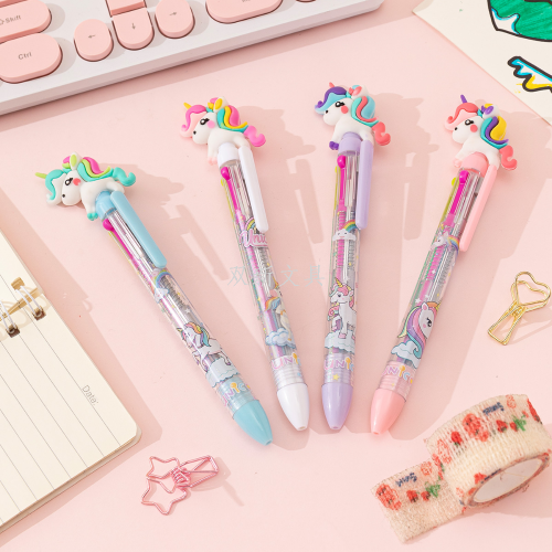 创意6色笔彩色圆珠笔 可爱少女心卡通粉猪独角兽天鹅魔法棒文具