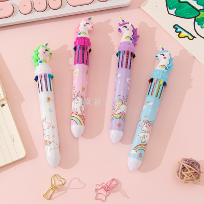 Korean Cute Unicorn 10 Color Ballpoint Pen Cartoon Student Stationery Multi-Function Press Bullet Ballpoint Pen