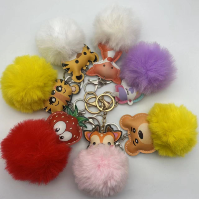 Creative Cartoon Animal Shape Fur Ball Bag Ornaments Multi-Color Optional Pu Cartoon Unicorn Keychain Pendant