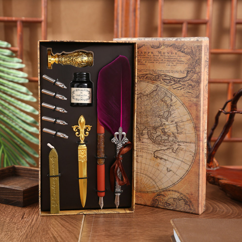 欧式英伦羽毛笔套装蘸水印章羽毛钢笔礼盒儿童节送同学礼品笔