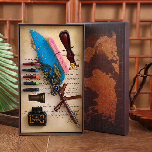 创意复古机械羽毛笔套装学生礼品笔插印章蜡钢笔商务礼品羽毛笔