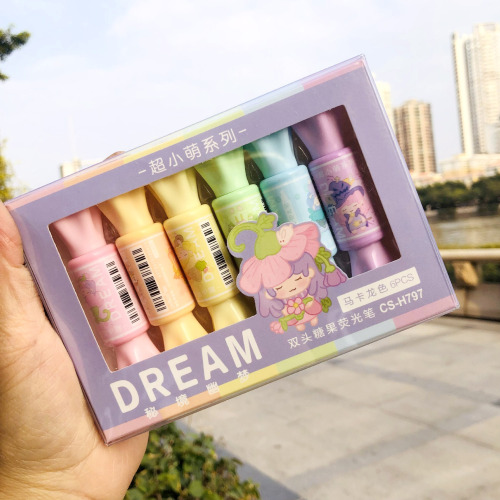 超时H797创意可爱糖果形状双头手账荧光笔学生记号6色划线标记笔