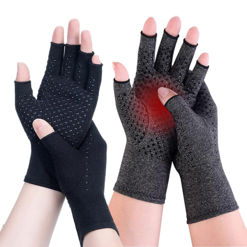 亚麻灰点胶压力手套 男女半指手部炎关节防护缓痛