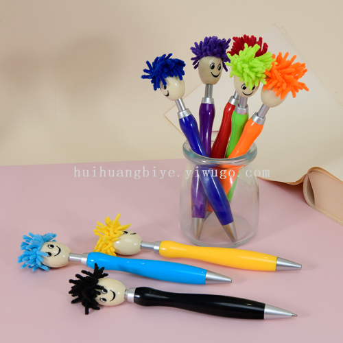 可爱毛绒娃娃头笑脸表情圆珠笔旋转陀螺减压笔