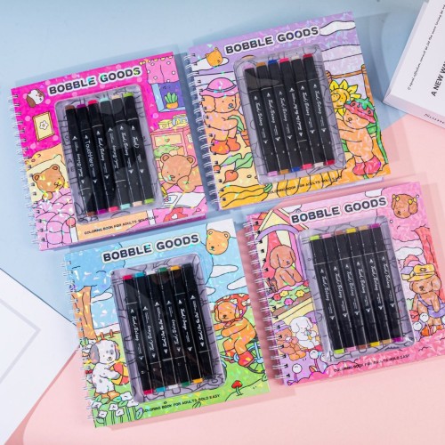 23x23cm拉布Bobbie Goods卡通硬面涂色本套装带6支马克笔填色本