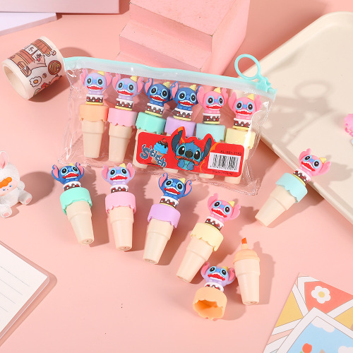 6支史迪漫威卡通迷你冰淇淋荧光笔记号笔荧光笔套装儿童重点标记