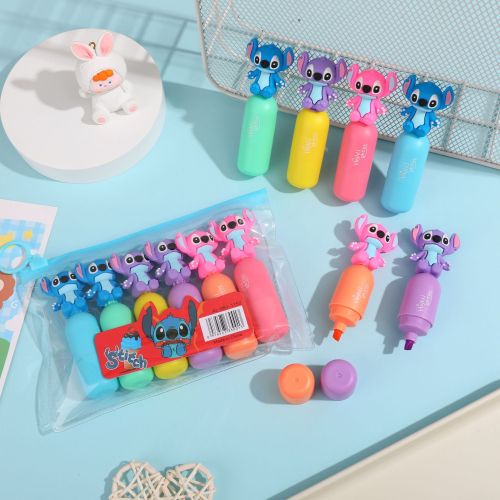 6支短杆史迪三丽鸥迷你卡通荧光笔彩色画重点笔标记笔涂鸦笔套装