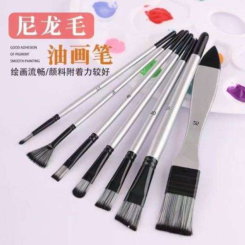 跨境新款尼龙毛木杆7支油画笔套装美术水粉水彩油画丙烯排笔颜料
